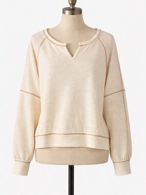 Stile by Per Lei off white, brown top stitching Women's Jersey Top